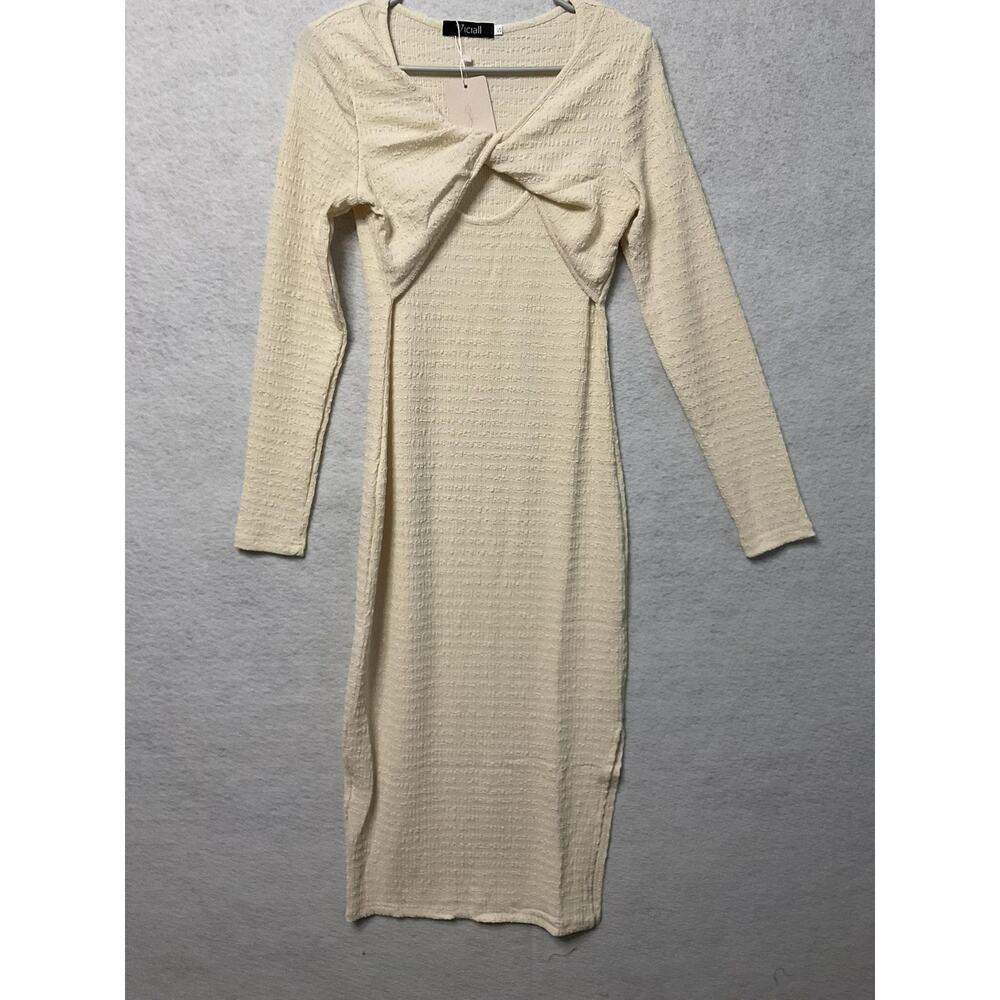 Viciall Dress Womens Small Cream Textured Long Sleeve Midi Bodycon‎ Knot Detail